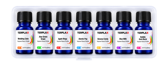 Seven TERPLAX BDT sample bottles in a tray. Pictured profiles are examples; random selections vary.