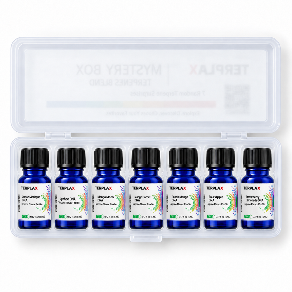 Open TERPLAX CDT sample tray with seven 5 mL blue bottles; pictured profiles are examples.